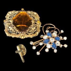 Vintage Set of 3 Rhinestone Brooches and Cross Pin